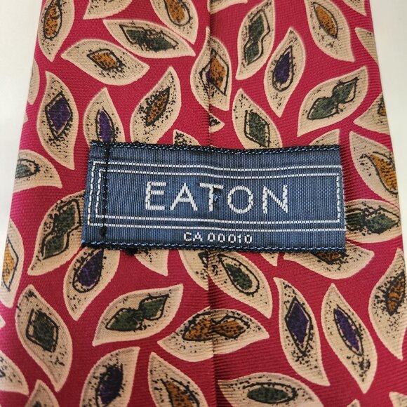Eaton Vintage Silk Tie - Made in Italy - Leaf Pattern Red Gold Navy 100% Silk - Picture 2 of 5
